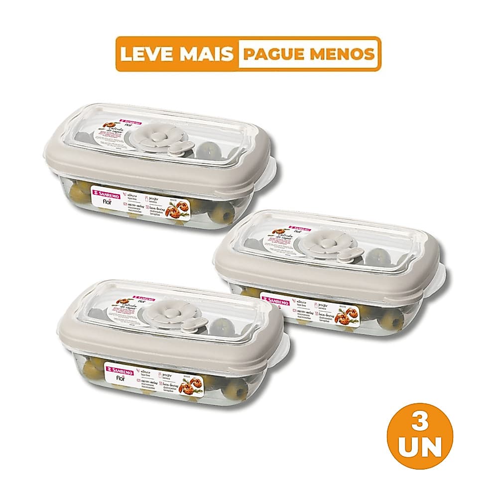 Kit 3 Potes Plásticos Retangulares Herméticos Capuccino 430ml Flor Sanremo