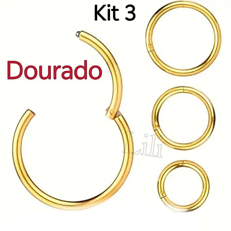 Kit 3 Piercing Argolas Segmento Clicker Aço Cirúrgico  Dourado  Nariz helix Septo