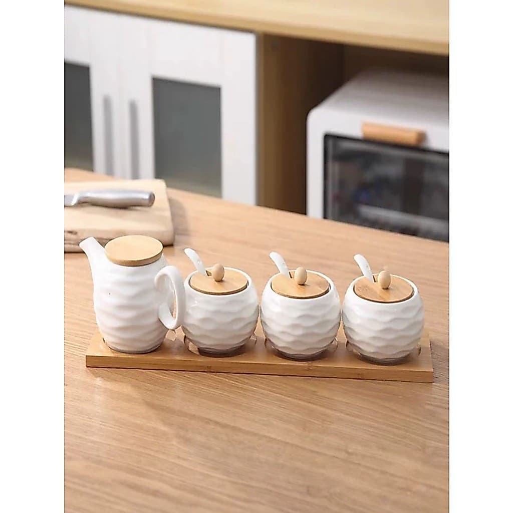 Kit Com 4 Peças Porta Mantemento em Cerâmica  com Suporte de Bambu colher de bambu