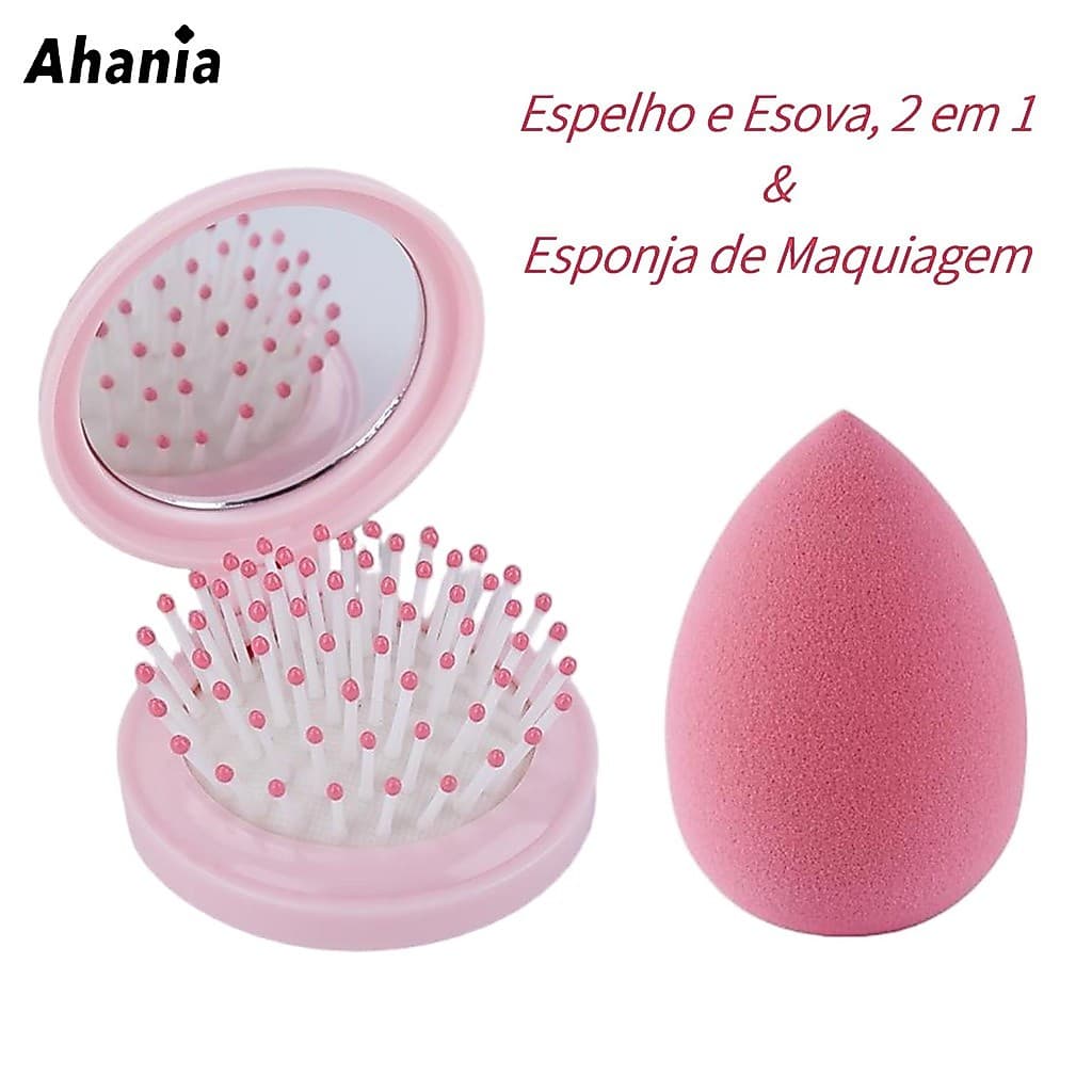 Kit de Escova com Espelho e Esponja de Maquiagem, Mini Escova Dobrável, Massageador Capilares