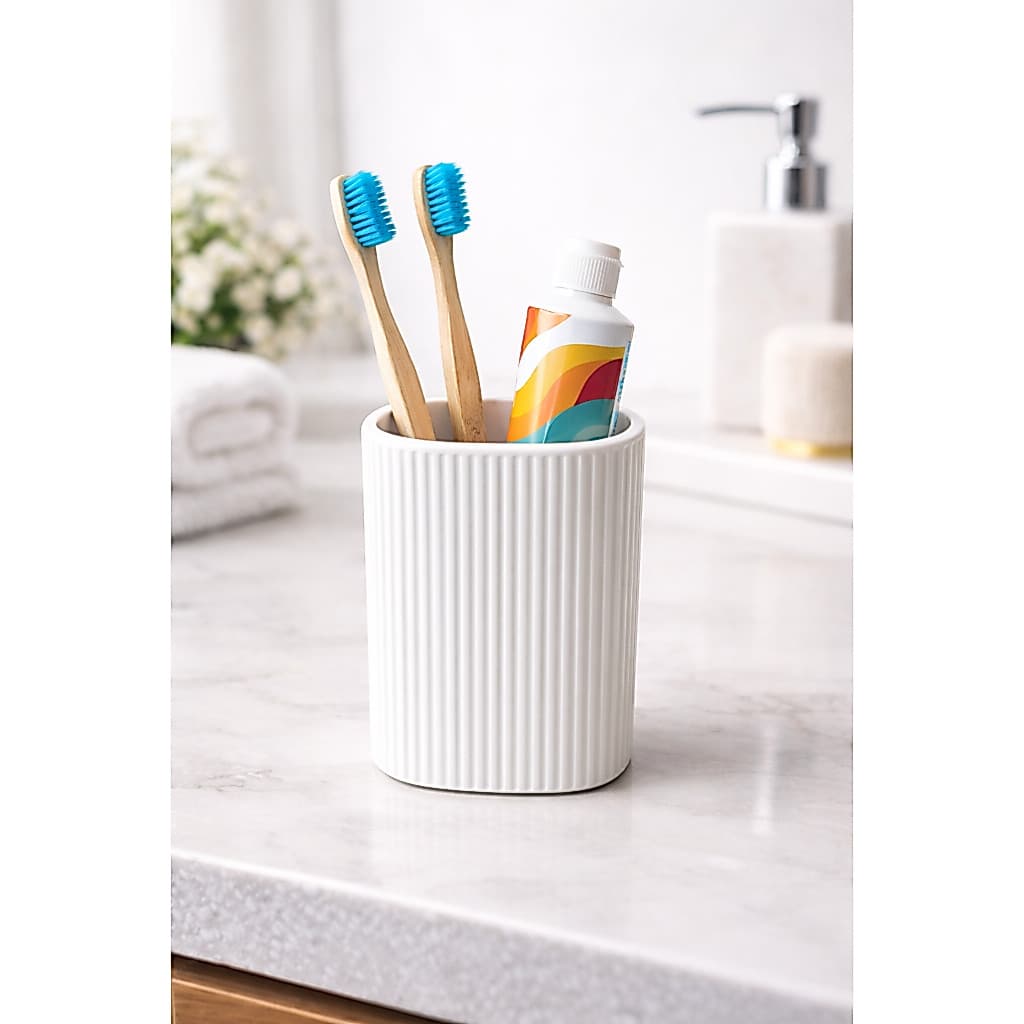 Porta Escovas E Creme dental organizador Luxo Minimalista Branco Canelado Para Pia e Banheiros