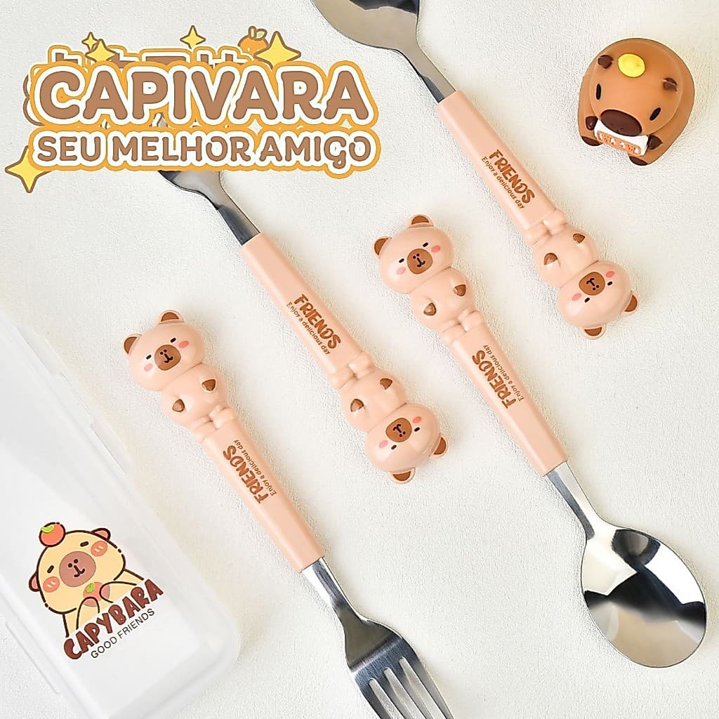 Kit Talher Infantil Capivara Ursinho Aço Inox 304 Com Estojo Colher Garfo Escolar Portátil CORES