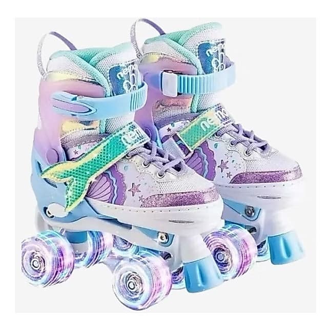 Patins ROLLER Infantil malva sereia rodas em pares Tam./ajustável + Proteção Rodinhas com Led.