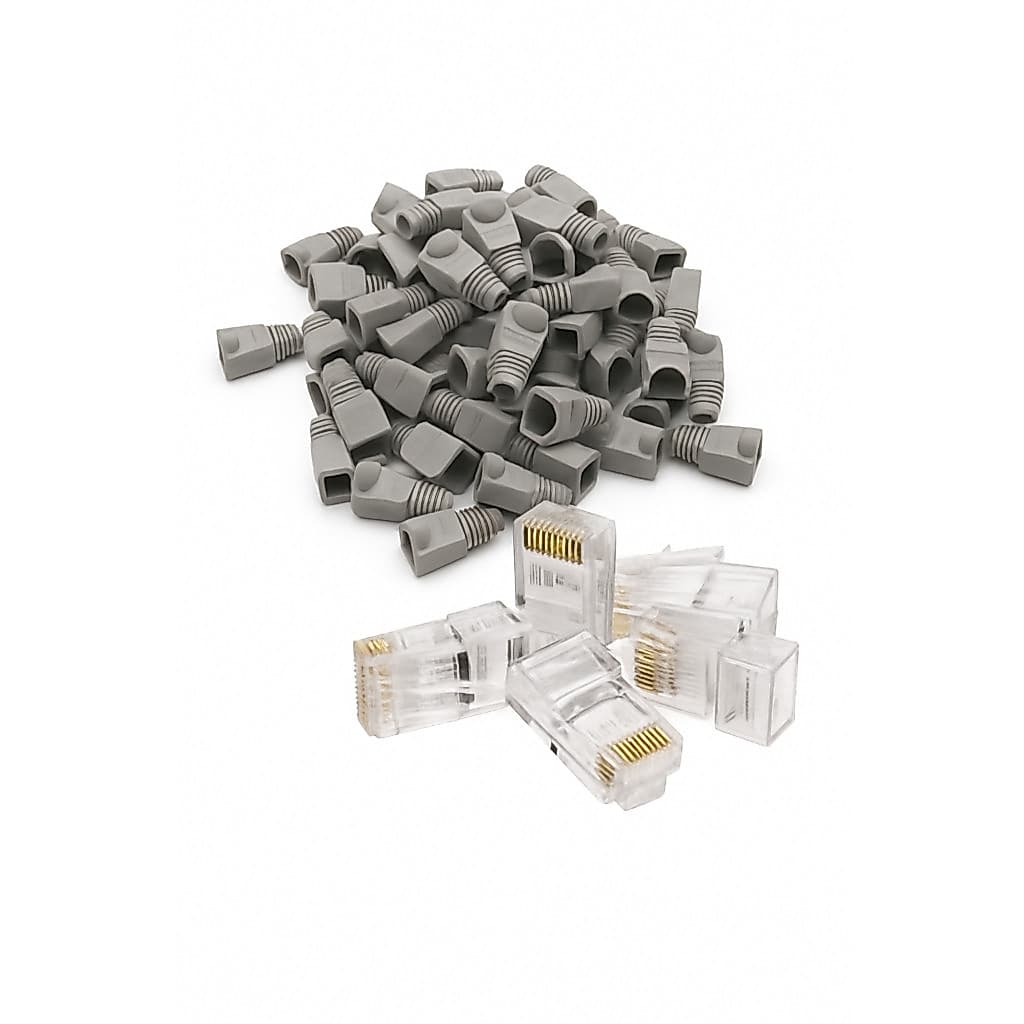 Kit Capa Cinza e Conectores RJ45 Vazados Cat5E com 10/20/30/50 unidades