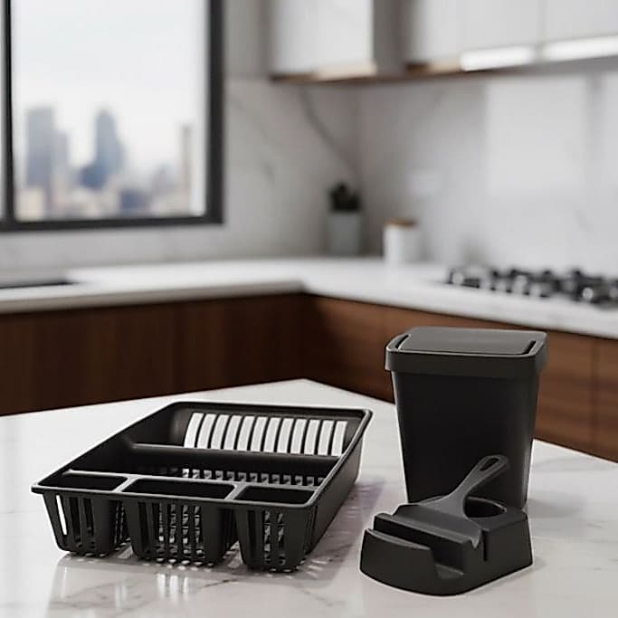 Escorredor de Louça + Kit Pia3 peças PRETO - Organizador Completo para Cozinha