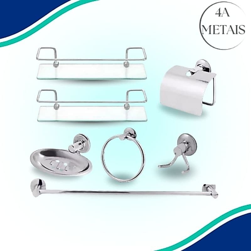 kit Acessórios 5 Peças Banheiro Inox com 2 Porta Shampoo Reto Vidro 6 mm