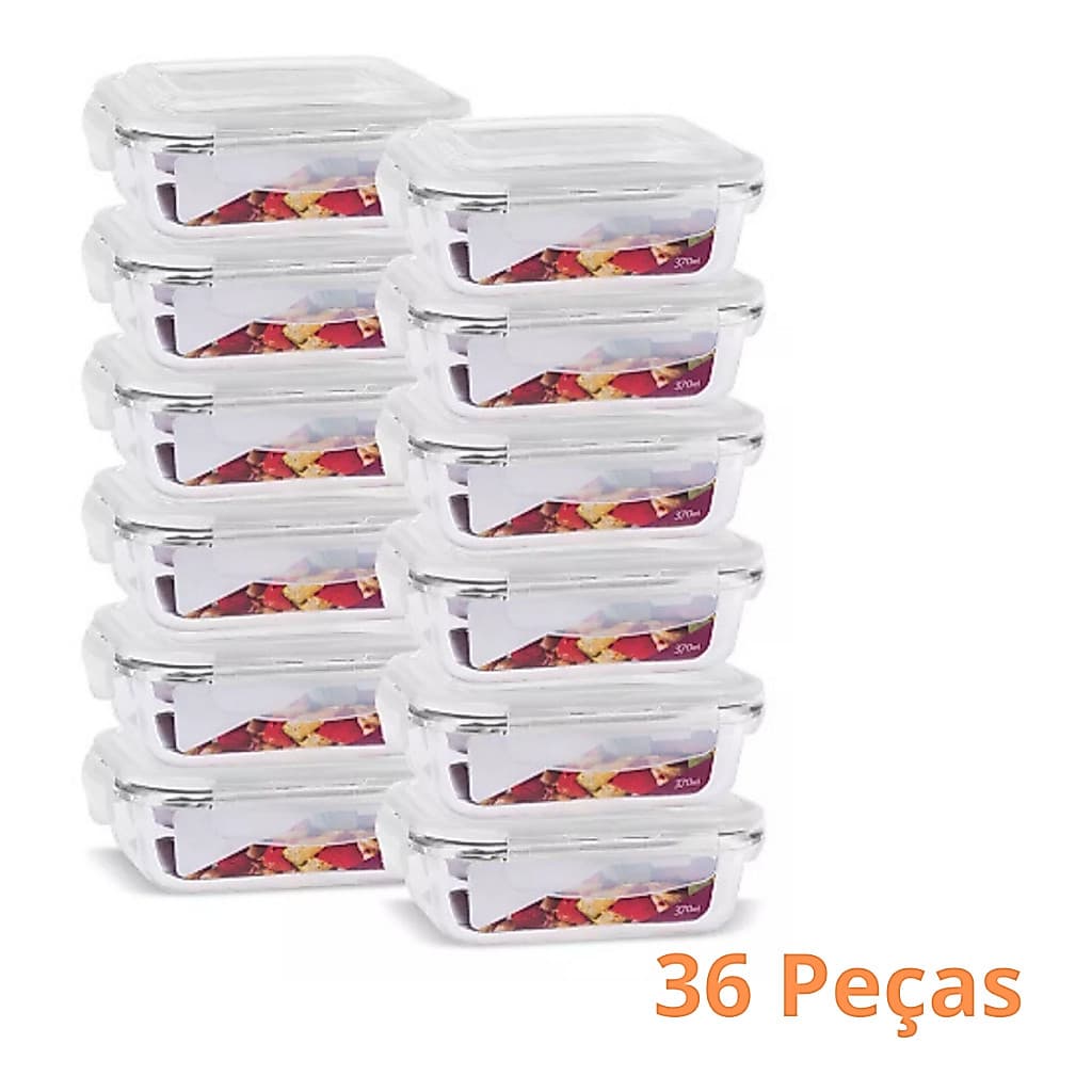 Kit 36 Potes de Vidro 370 ml Hermético Marmita Fit com Tampa 4 Travas