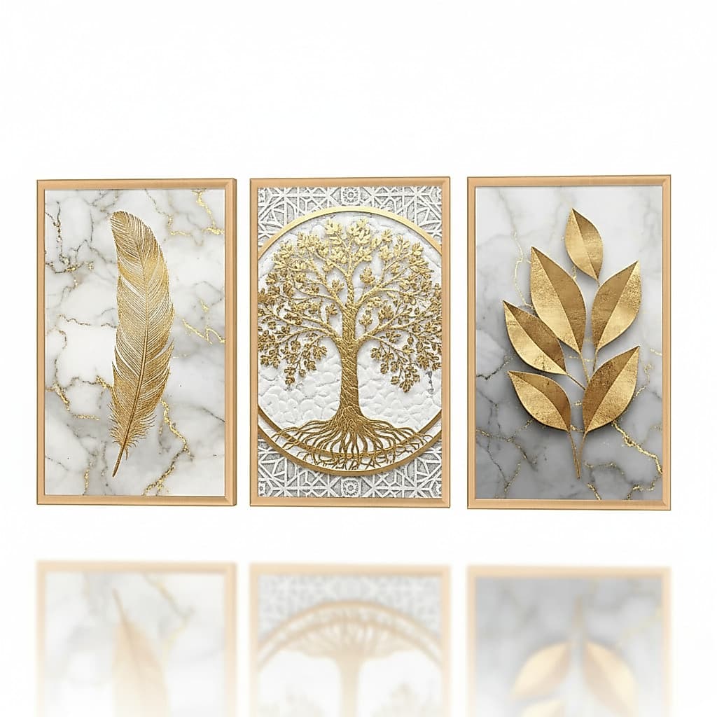 Quadro decorativo 3 peças Árvore da Vida Dourada decoração moderna quarto sala interiores