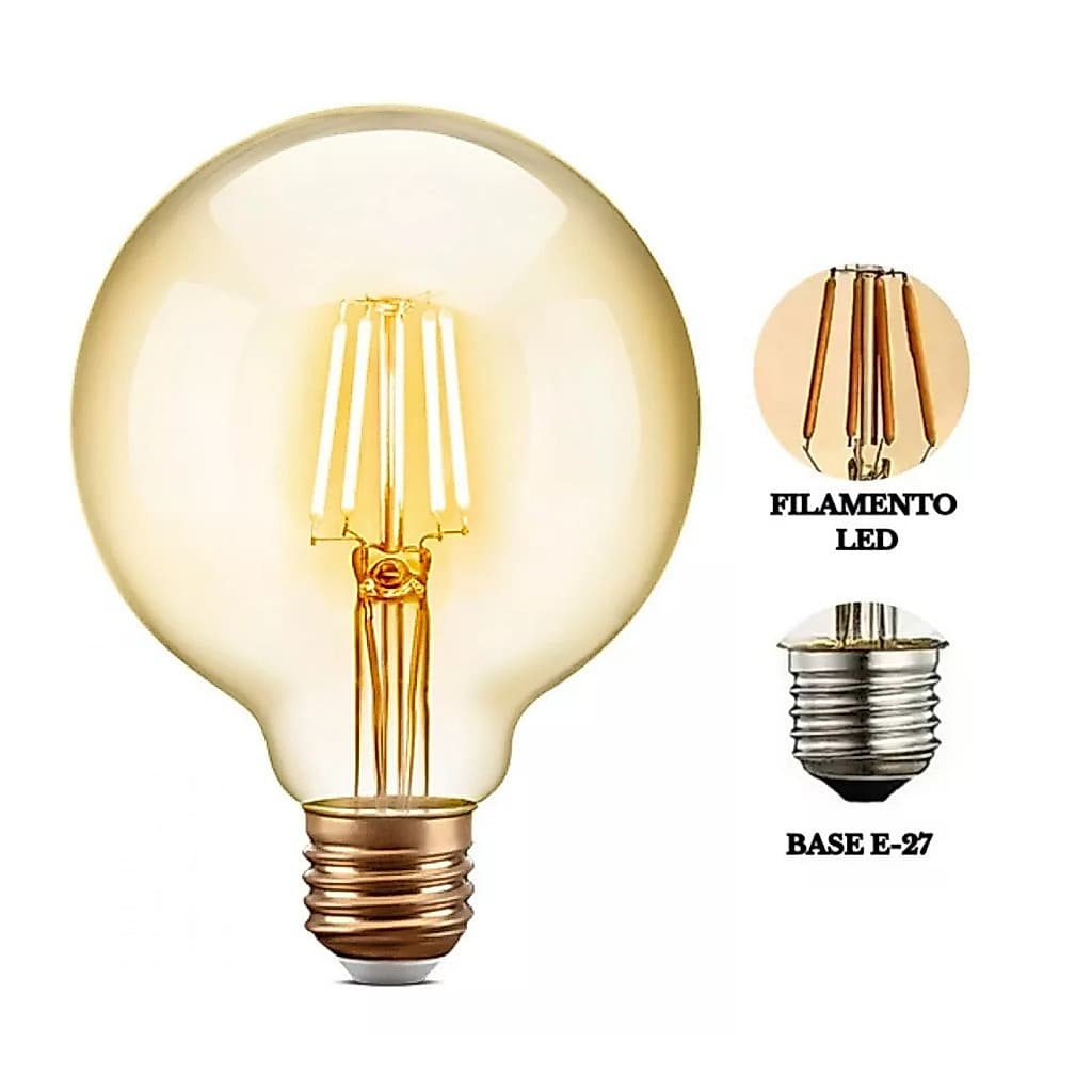 Lâmpada Filamento de Led Retrô G95 4W 6W 40W 127v 220v Vintage 2400K Amarelo Âmbar Quente E27