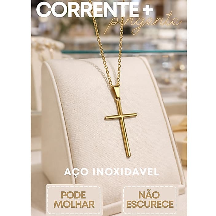 Colar Unissex Dourado Pingente de Cruz Palito Aço Inoxidável Premium Cordão em Estilo Grife