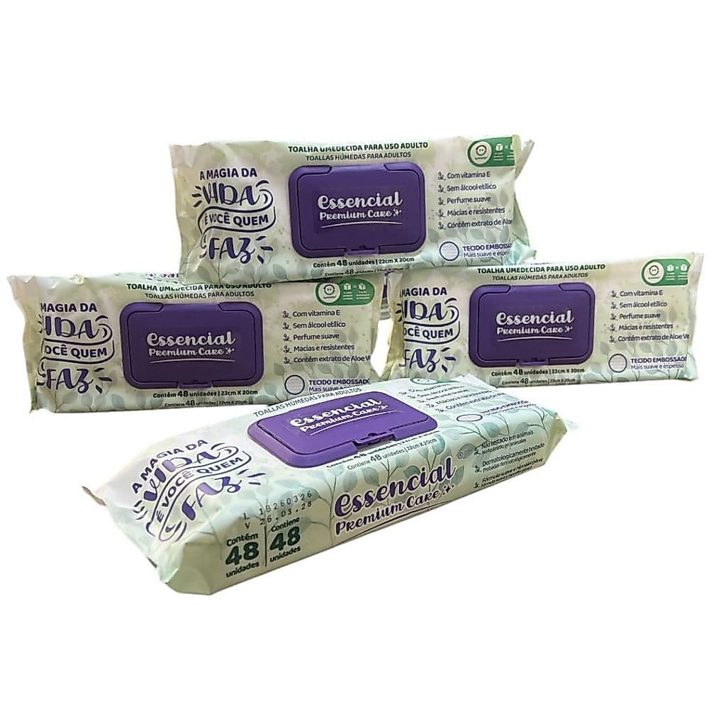Kit 4 pacotes C/ 48 Toalhas Umedecidas Essencial Care Adulto Total 192 Unidades