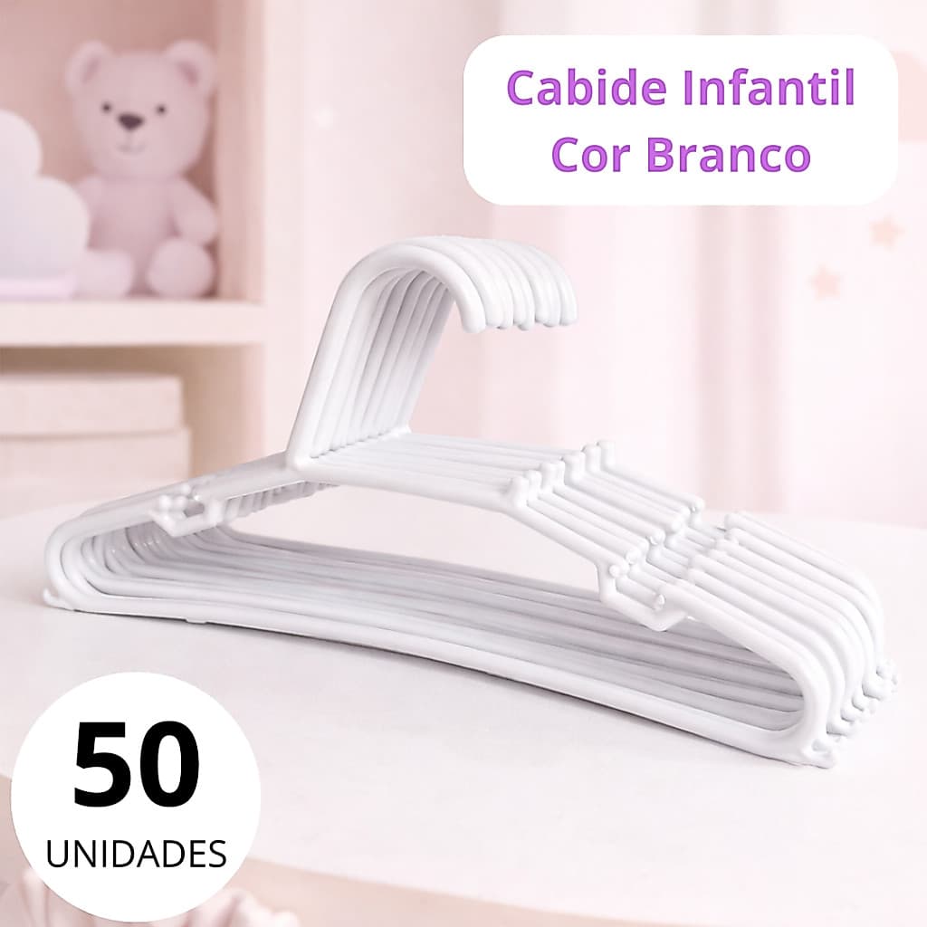KIT COM 50 CABIDES INFANTIS NA COR BRANCO, 28,5CM IDEAL P/ ORGANIZAÇÃO NO GUARDA ROUPA,É RESISTENTE
