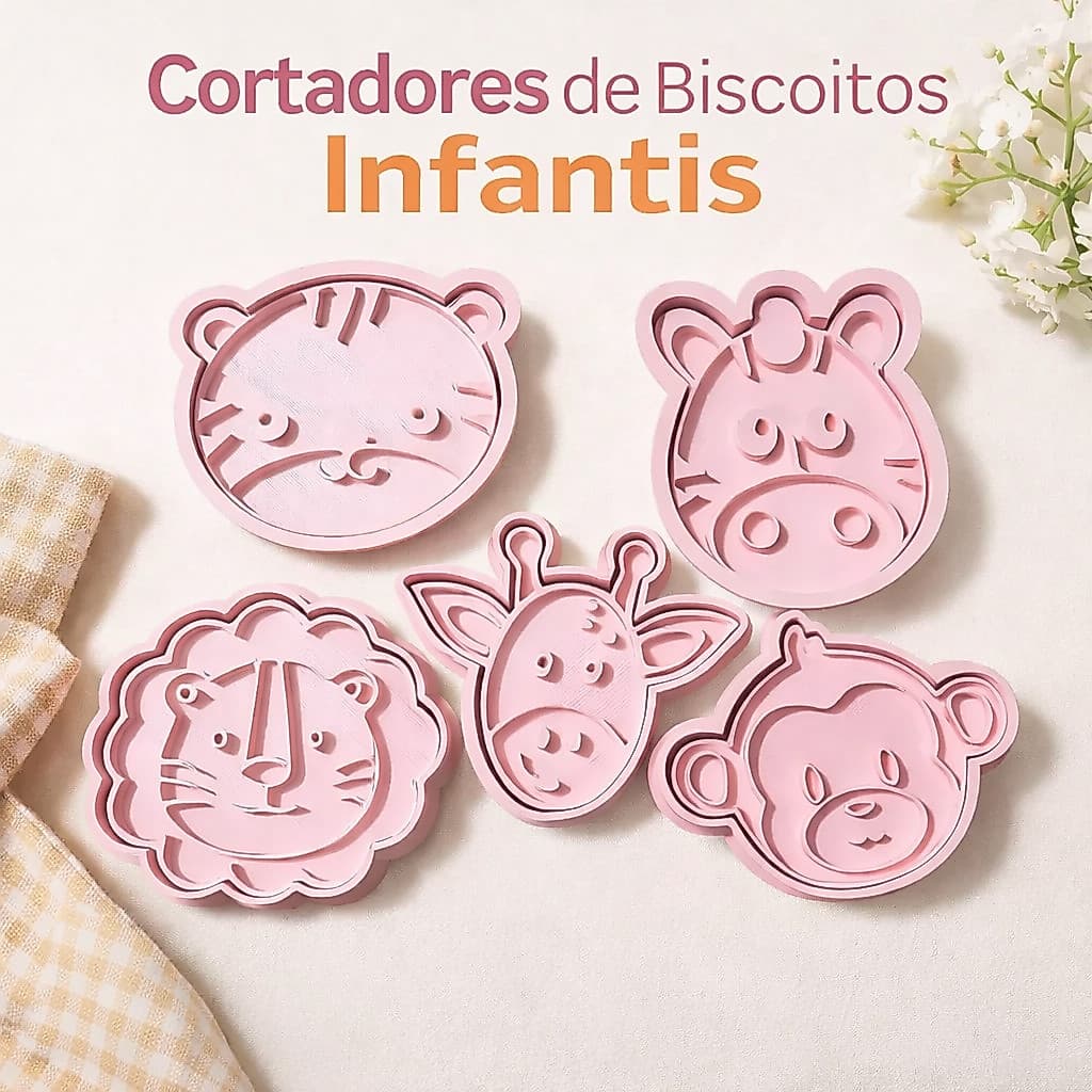 Kit Cortador e Carimbo de Biscoito Infantil 3D – Animais Safari para Decorar Fondant e Massa