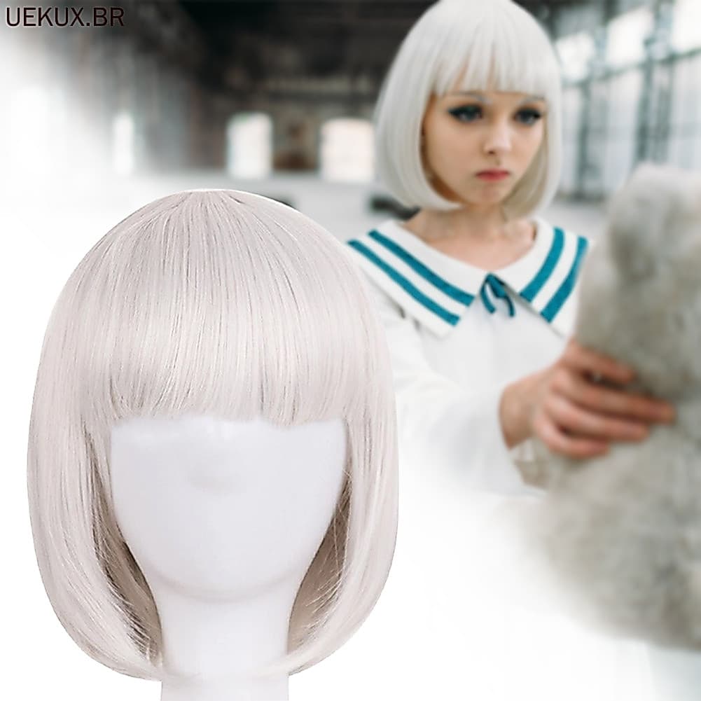 Branco Curto Bobs Perucas Sintéticas Retas Com Franja Cosplay Festa Diárias