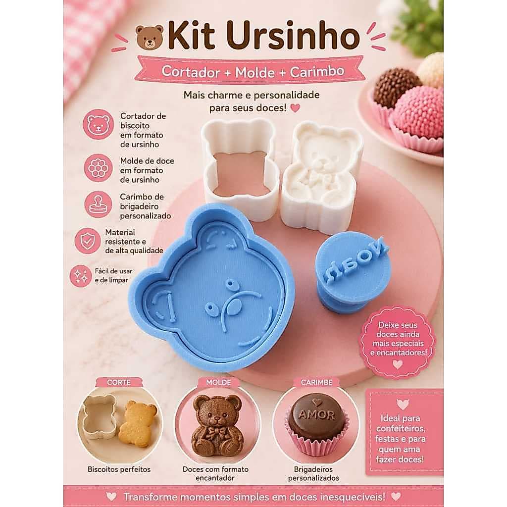 Kit 4 Cortadores e Marcadores Biscoito, e carimbo com nome personalizado/ Massa e Biscuit Ursinhos