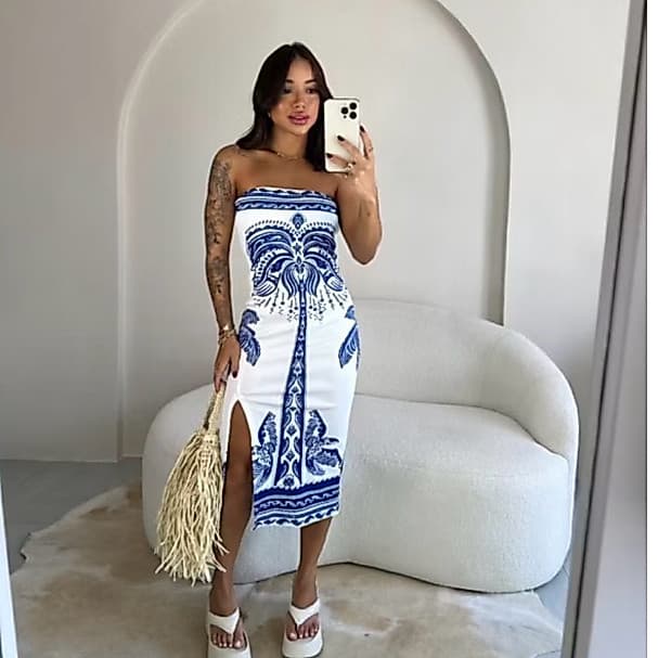 Vestido Feminino Estampado Luxo Tomara Que Caia Com Fenda Mídi