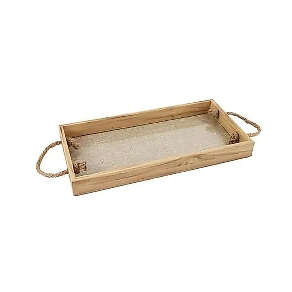 Bandeja Decorativa em Madeira e Linho Natural e Bege 41 X 20,5cm- HOME DECOR