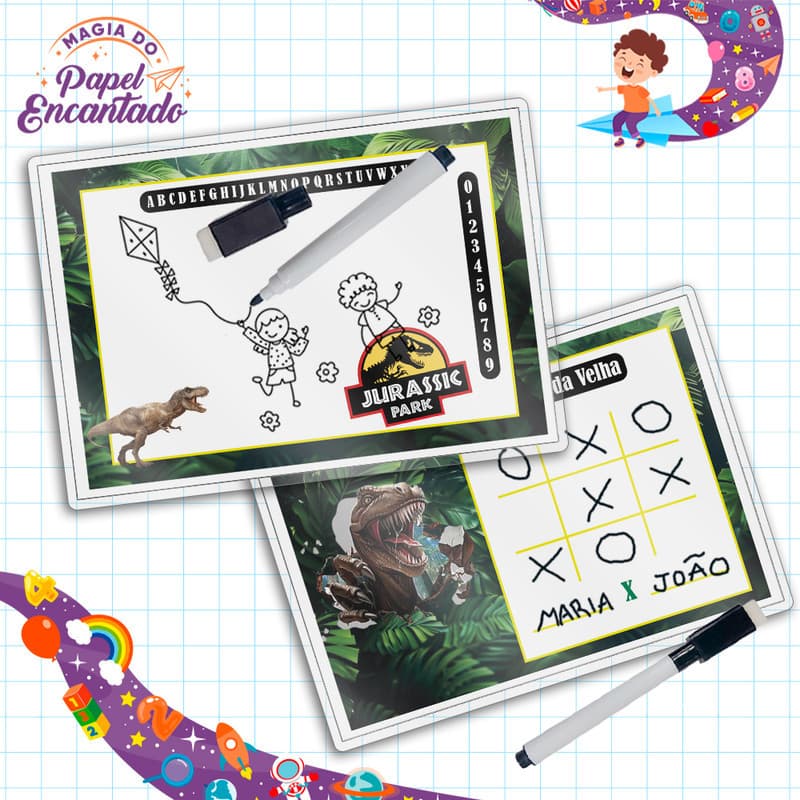 Kit 15 Lousas Mágica + Caneta Com Apagador Lembrancinha Festas Infantil Qualquer Tema Dinossauro Jurassic Park