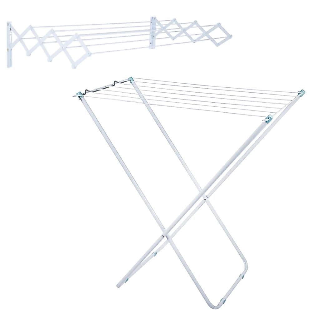 Varal Chão Branco em Aço de 75 Cm Slim + Varal de Parede Retratil Sanfonado 1 Metro Lavanderia Mor