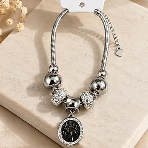 Pulseira Feminina Prateada 316L com Árvore da Vida e Pedras Brilhantes