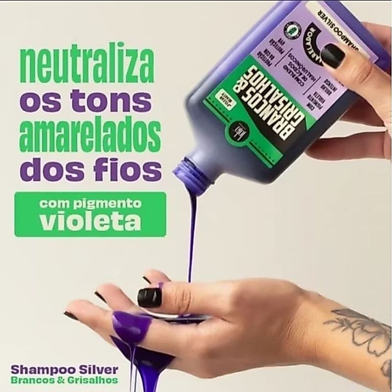 Shampoo Silver Brancos & Grisalhos é um desamarelador vegano de 250 ml.