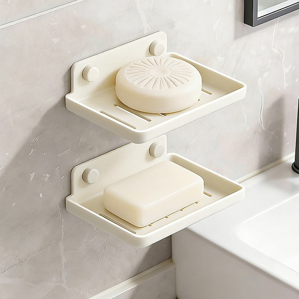 Creme branco sem perfuração espaço alumínio saboneteira fixado na parede toalete sabão Net rack de drenagem do banheiro