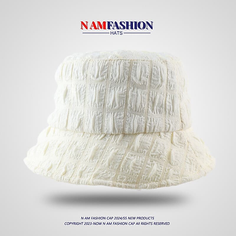 Chapéu Seersucker branco estilo celebridade, chapéu balde feminino, chapéu de sol de verão, férias, beira-mar, chapéu de