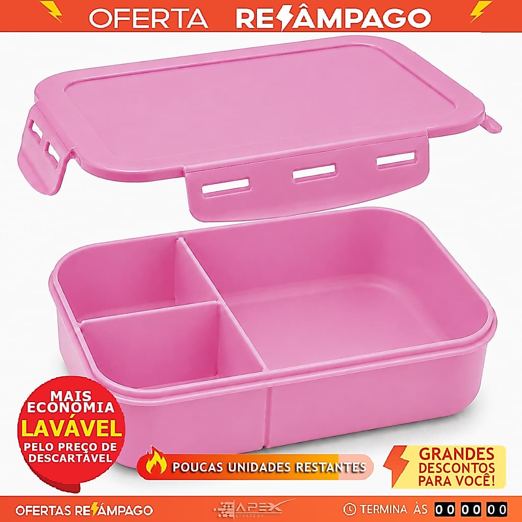 Marmita Hermética Rosa 1250ml 3 Divisórias BPA Free Reutilizavel Freezer Microondas Lava Louças