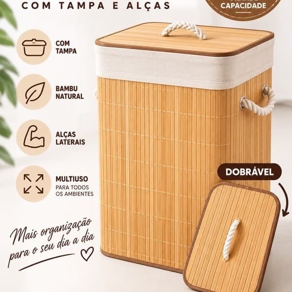 Cesto de roupa Suja Grande 70 Litros Cesto de Roupa com Tampa Alças Bambu Natural Dobrável Multiuso Lavanderia Banheiro