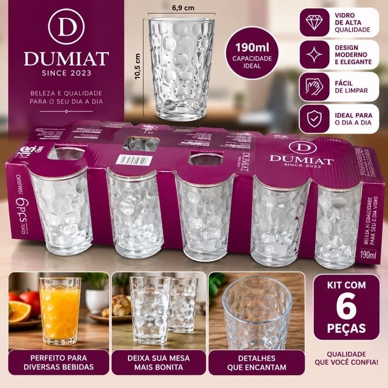 Jogo 6 Copos Diamant 190ml em Vidro – Copos para Água, Suco e Drinks