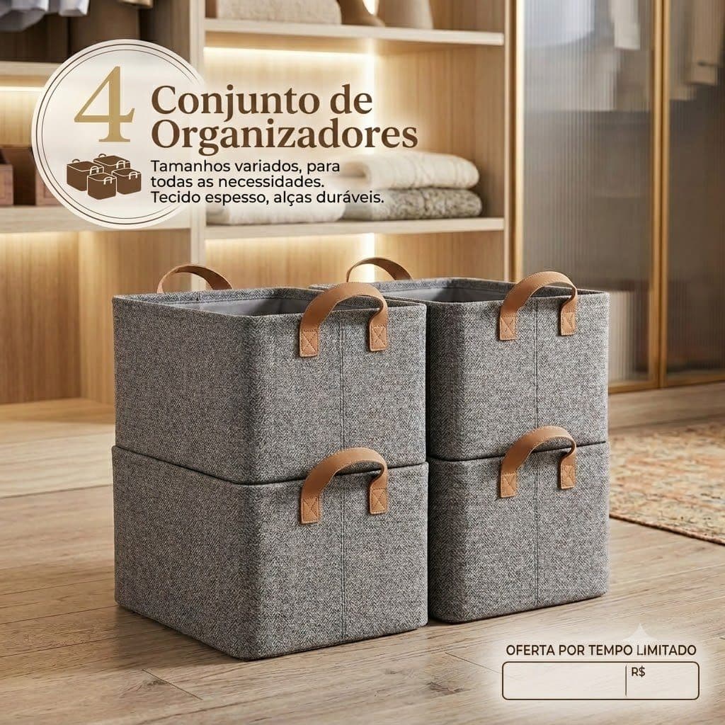 Kit 4 Caixas Organizadoras Rígidas com Armação de Aço para Guarda-Roupa