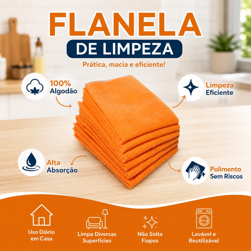 3 Flanelas Multiuso 100% Algodão Pano de Limpeza Alta Absorção para Carro Vidros Móveis e Cozinha