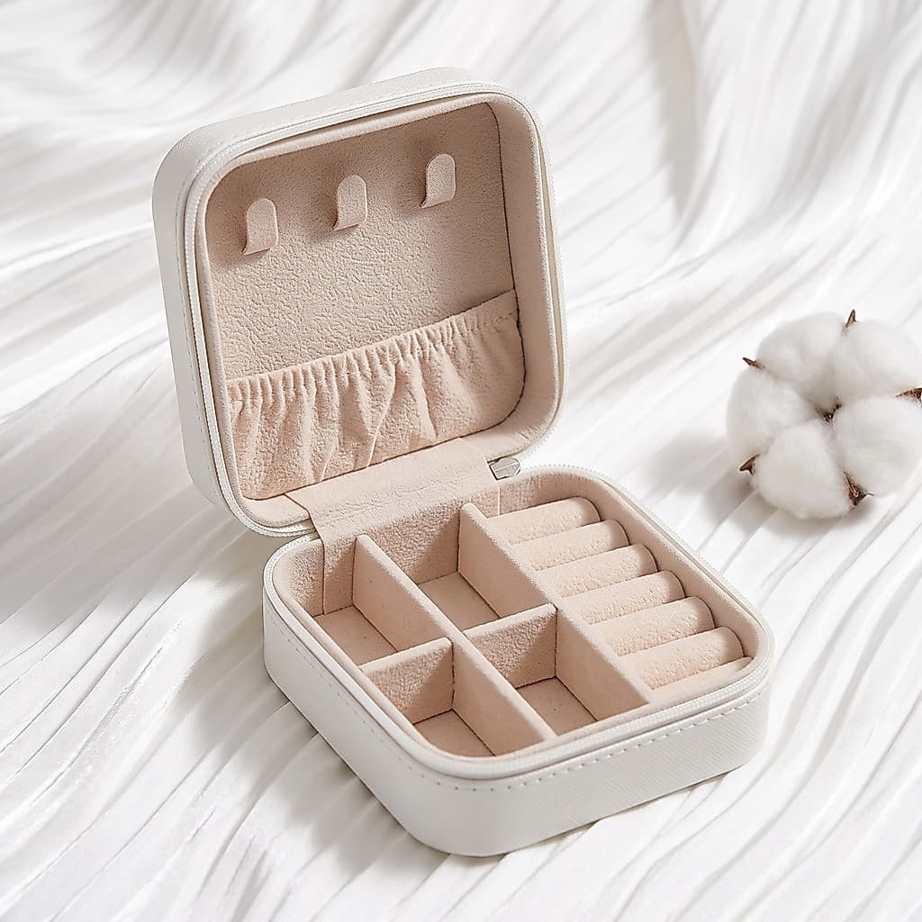 Porta-Jóias Duplo Mini Portátil em Couro – Organizador Multifuncional para Bijuterias, Brincos, Anéis e Colar