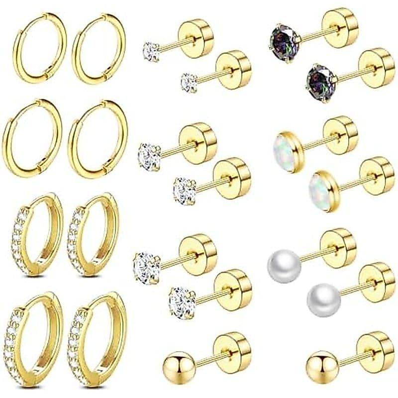 Conjunto De Brincos Com Parte Traseira Plana De Aço Cirúrgico Para Orelhas Sensíveis De Piercing Múltiplo , De Argola Hu