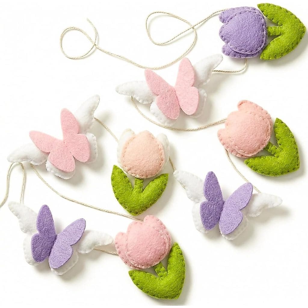 Guirlanda de Feltro para Primavera, Decorações de Páscoa para Casa, Guirlanda de Tulipas e Borboletas de Feltro de 4,9 p