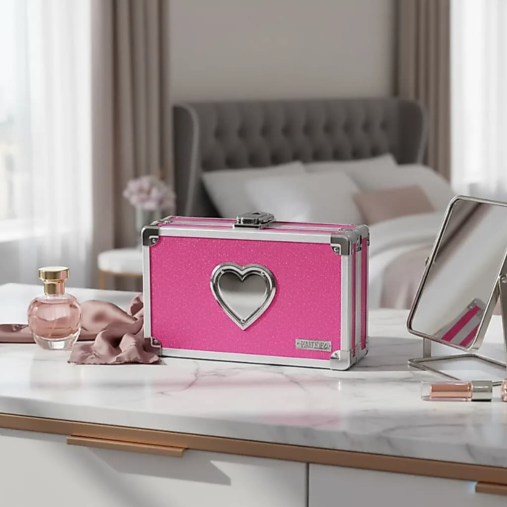 Caixa Organizadora Vaultz Com Chave Rosa Glitter Coração