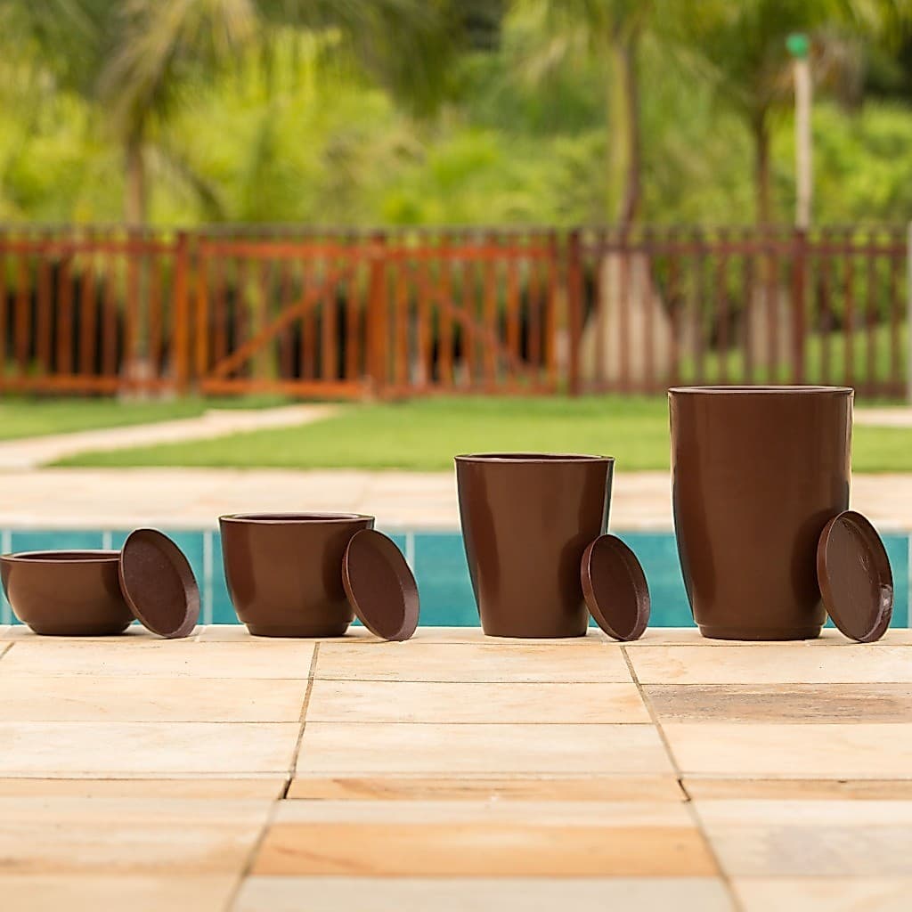 Kit 4 Vasos Decorativos para Plantas Modernos Coluna Cone Liso Luxo N°1 e N°2 + Bojo N°1 + Bacia N°1 Com Pratos
