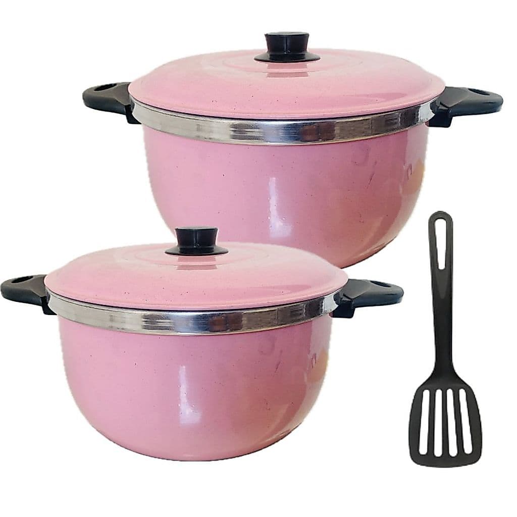Kit 2 Panelas caçarolas  Alumínio  Na Cor ROSA, N. 16 e N. 14 1 Espátula