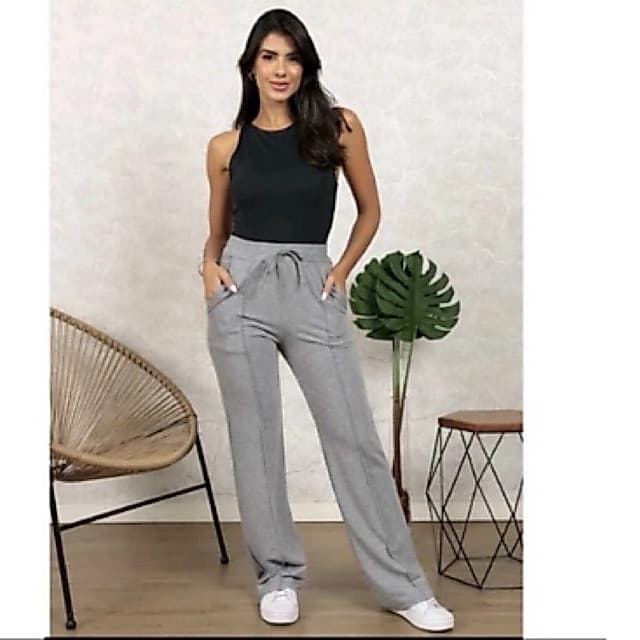 Calça Boca larga de Lanzinha - Pantalona Cós Largo Lisa Barra Flare Cintura Alta Tendência Moletinho