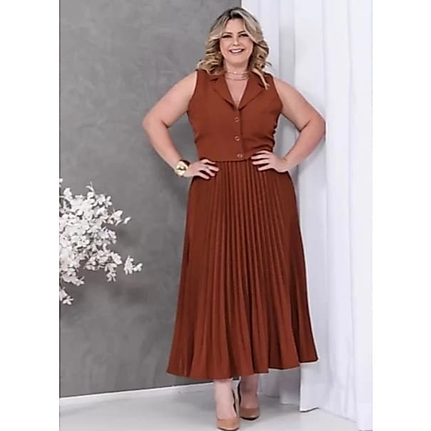 Conjunto Colete E Saia Longa Plissada Plus Size Tendência Moda Evangélica Feminina
