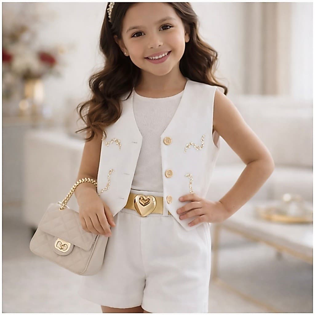Conjunto Alfaiataria Infantil Menina Para Festa  – Colete + Cinto + Shorts (Vermelho- Branco)