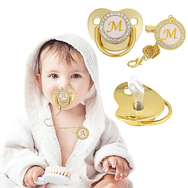 Nome Letra Inicial Clipes De Chupeta Do Bebê Luxo Ouro Bling BPA Livre Silicone Strass Infantil Mamilo Recém-Nascido