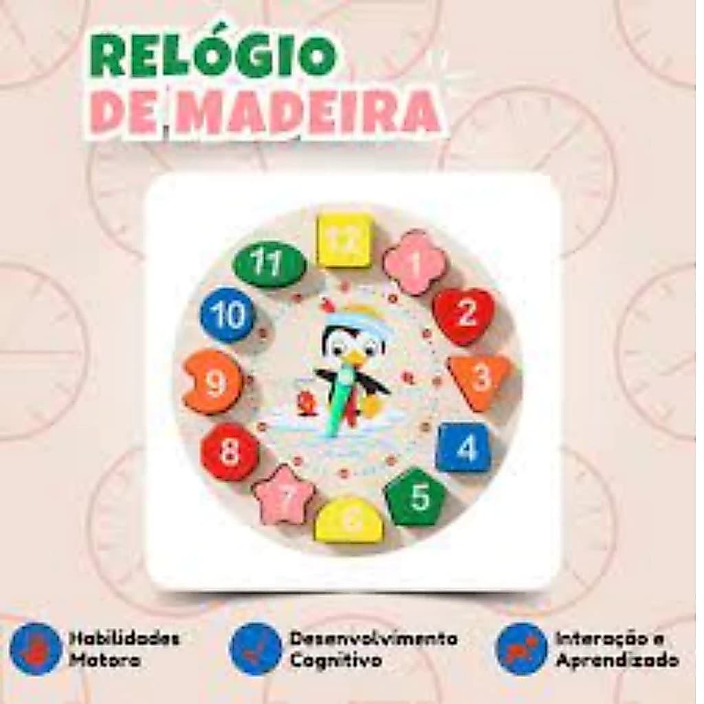 Brinquedo Menino Menina Relogio de Madeira Educativo Encaixe Colorido Infantil Didadico