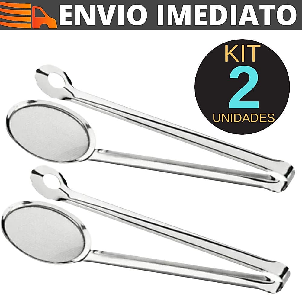Kit 2 Pegador para Frituras Escumadeira Inox com Pinça e Peneira Batata Frango, Salgados