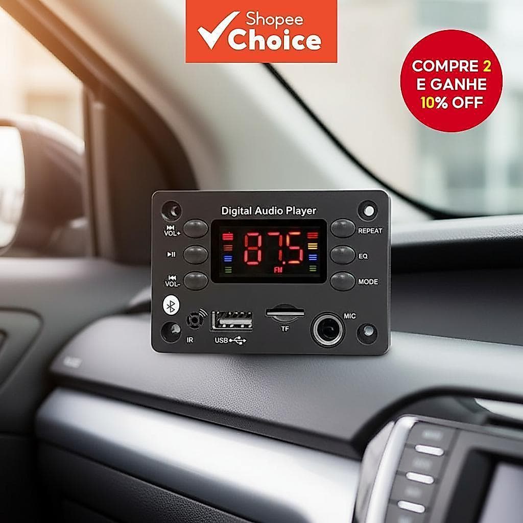 Placa de áudio Bluetooth 5.0 para carro, suporta MP3, WMA, WAV, APE, microfone mãos-livres, USB, TF, rádio FM e