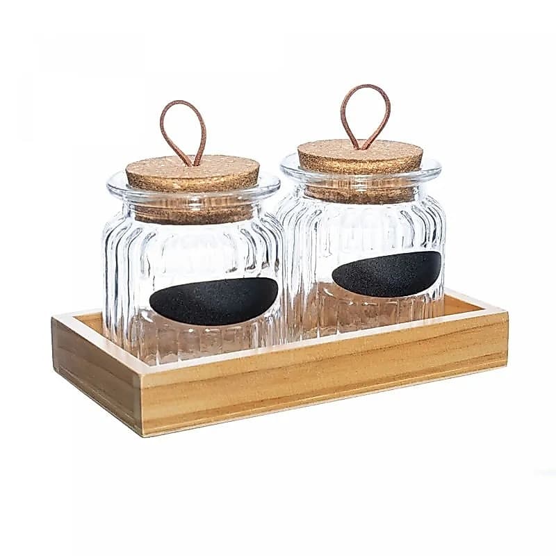 Conjunto 2 Porta Mantimentos de Vidro com Tampa de Rolha e Suporte de Madeira 260ml - Lyor