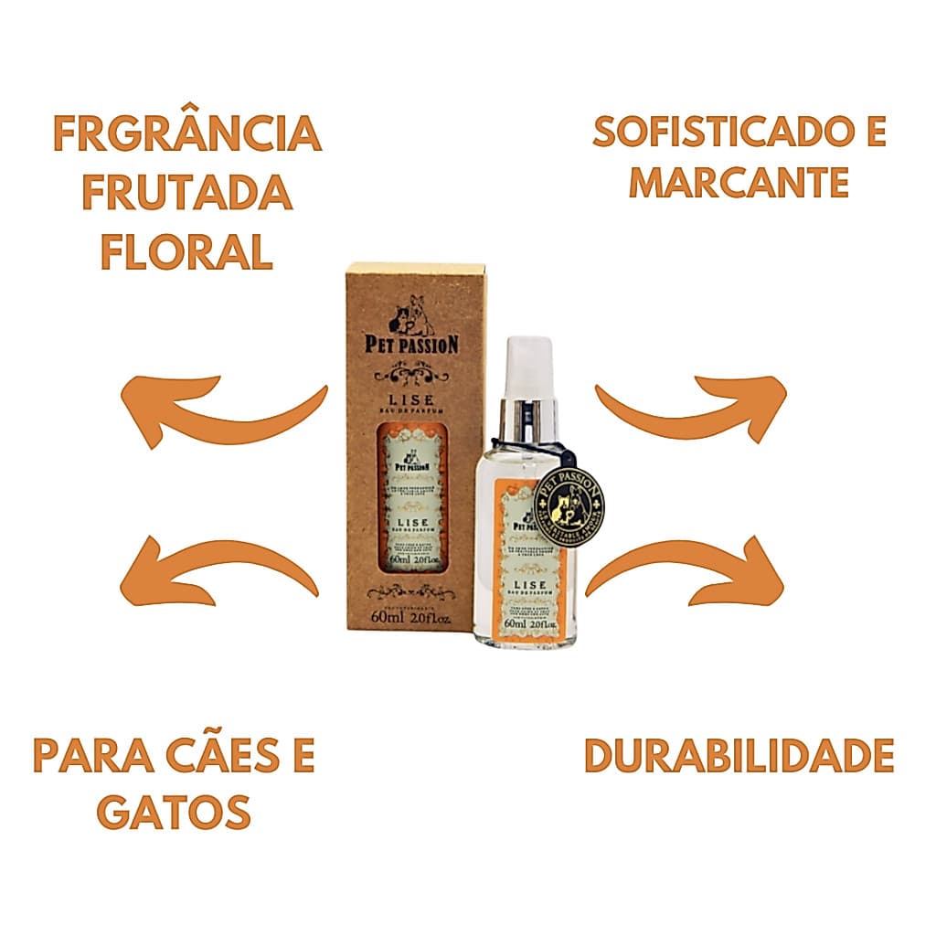 Perfume Lise 60ml Pet Passion para Cães e Gatos Banho e tosa Perfume pet de alta fixação importado