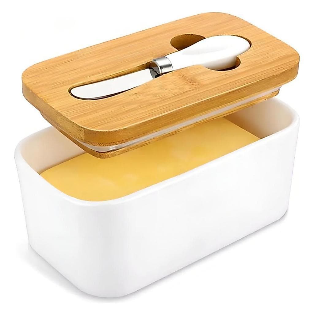 Manteigueira Porcelana Tampa em Bambu com Espátula Branca - Haüskraft