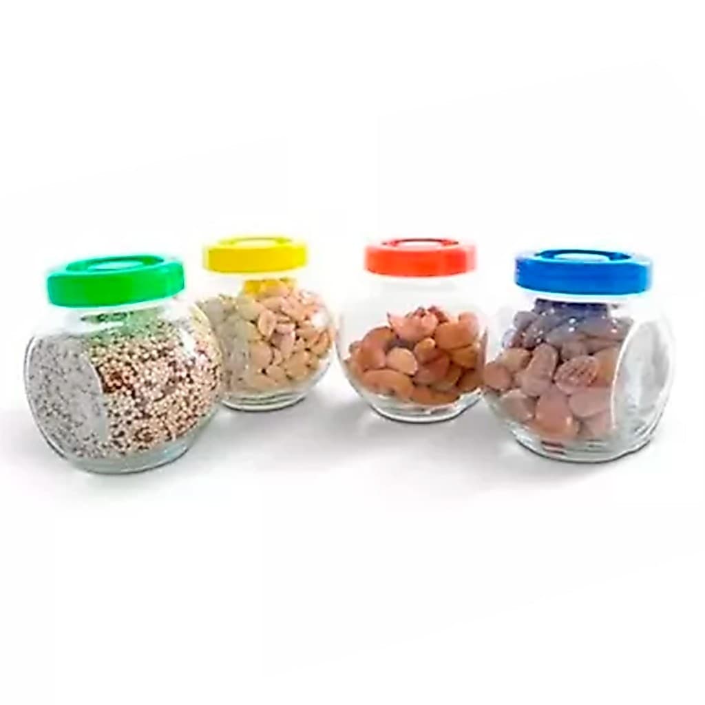 Conjunto 4 Potes Porta Condimento Vidro Tampa Colorido