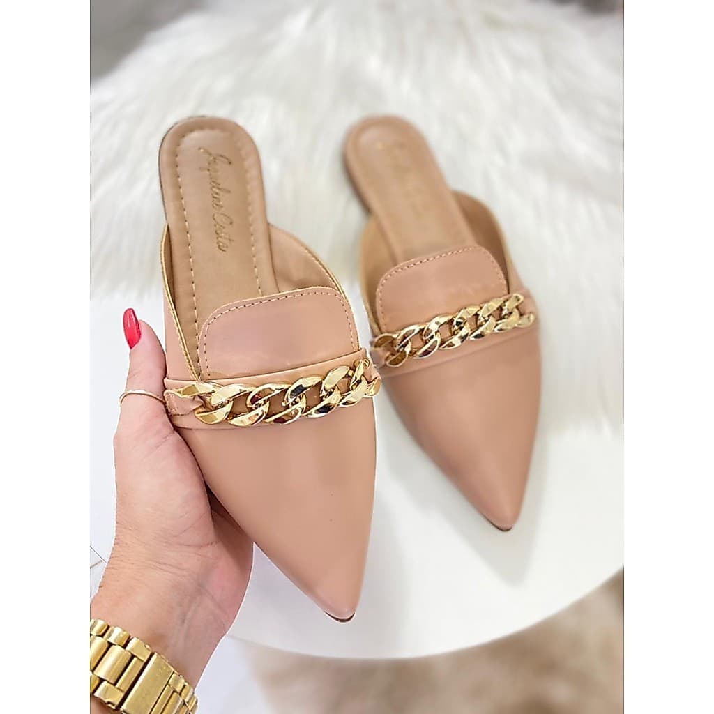 Mule Rasteirinha Feminina Bico Fino Detalhe Dourado Moderno Casual Verão Promoção Tendência Hope